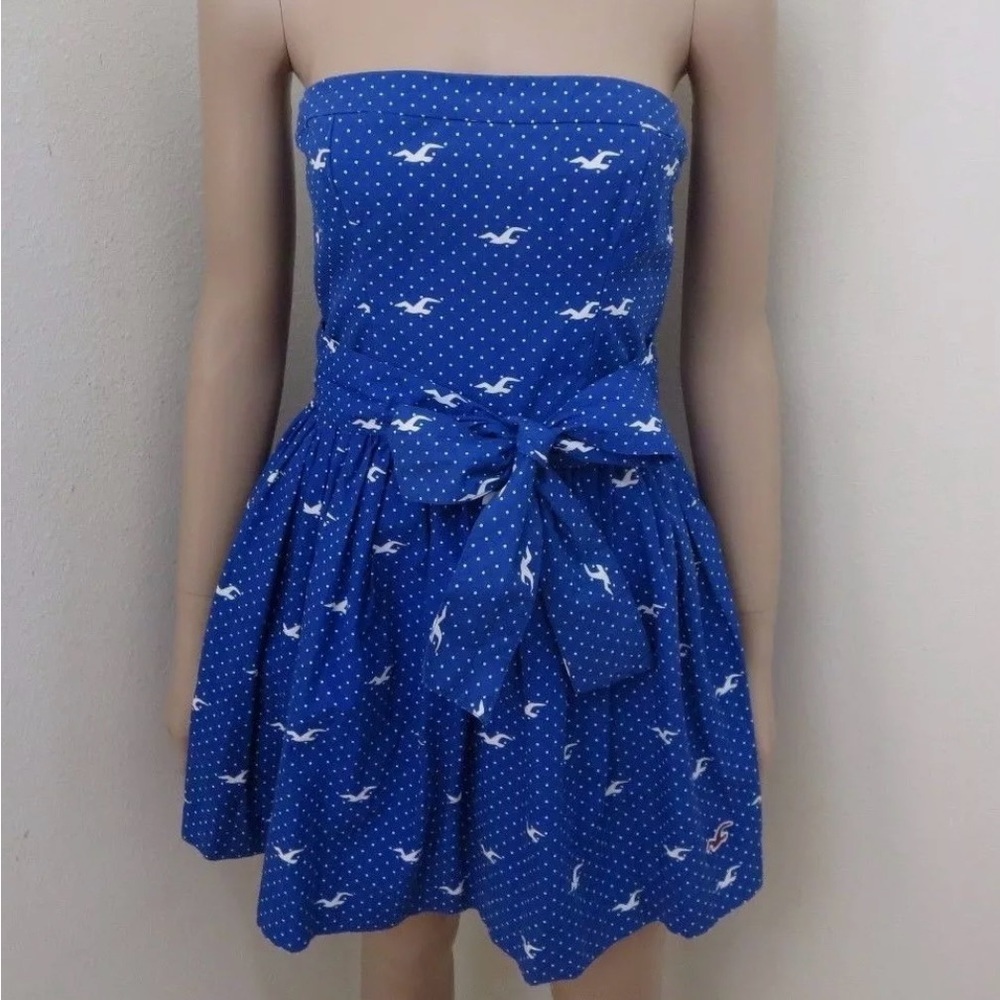 Hollister Women's Polka Dot Seagull Strapless Dress Blue Bow
